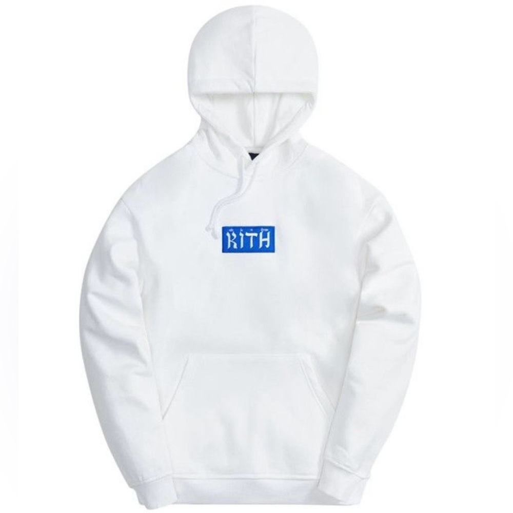 Kith Hebrew Script Box Logo Hoodie White Blue FW21 Size Small NWT